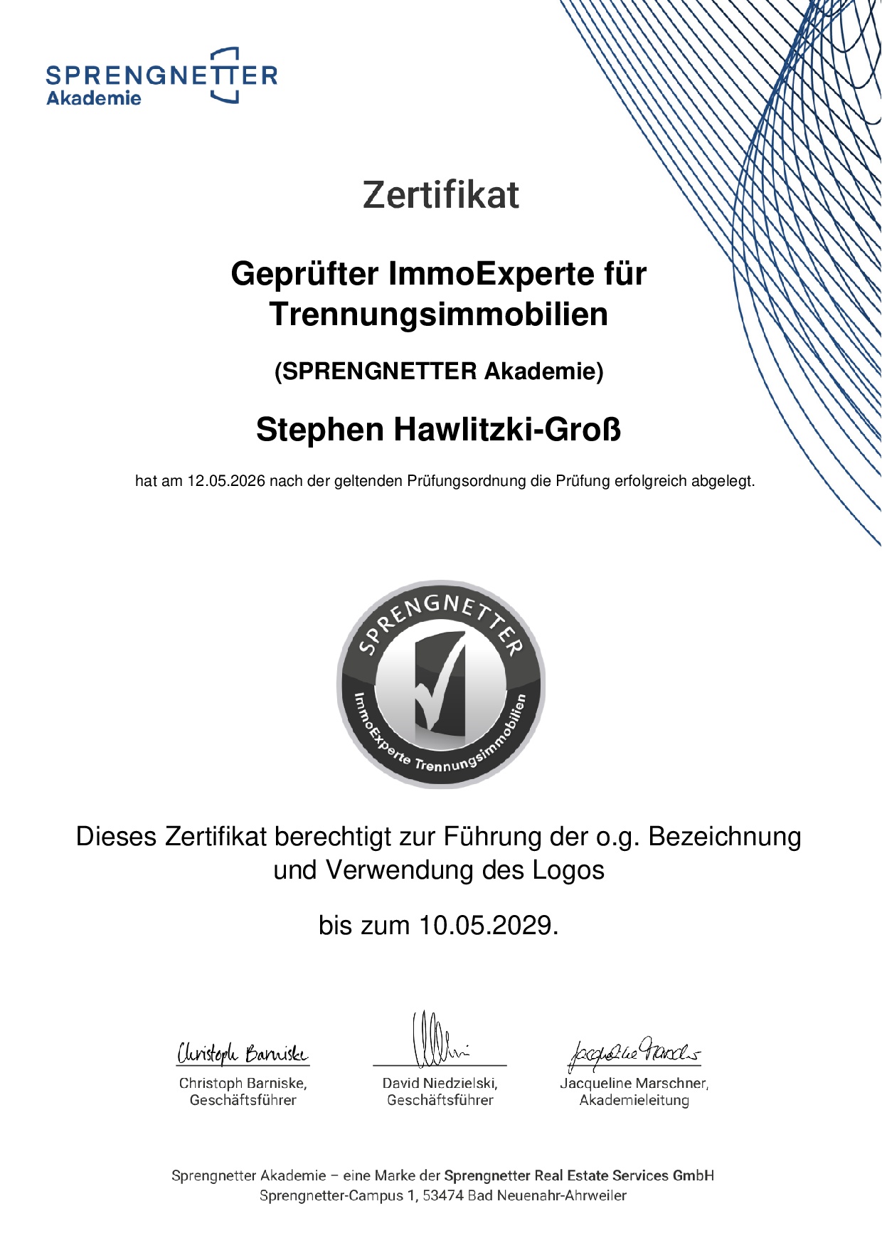 Zertifikat Immoexperte für Trennungsimmobilien